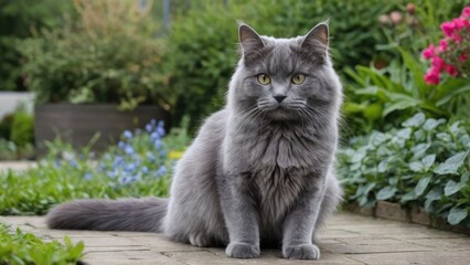 Blue british longhair cat in the garden