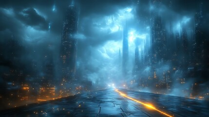 Fototapeta premium Futuristic Cityscape Road Leading Towards Glowing Towers
