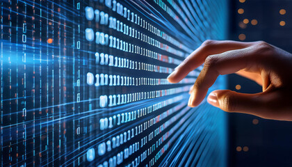 Human hand interacting with a wall of binary code, symbolizing digital interaction and the interface between humans and technology in a futuristic digital world news