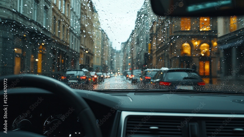 Poster rain droplets streak across the car windshield as the vehicle glides through dimly lit city streets.
