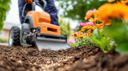 Gardener prepares a vibrant flower bed using a garden tiller in spring