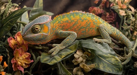 Obraz premium Vibrant chameleon perched on branch amidst artificial flowers and leaves.