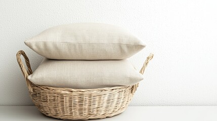 Obraz premium A cozy wicker basket holds soft, neutral-colored pillows against a minimalist wall, perfect for home decor and comfort.
