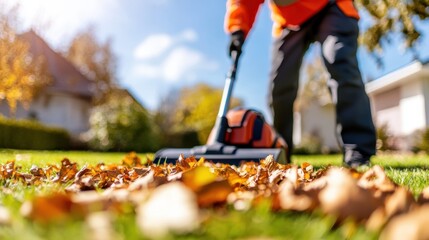 Clearing autumn leaves with a leaf vacuum in a suburban yard