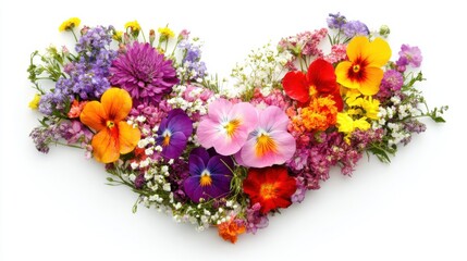 Obraz premium Vibrant Heart Shape Created with Assorted Colorful Flowers Displaying Nature's Beauty and Delicate Features on a White Background