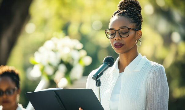 african American woman giving eulogy at outdoor funeral ceremony.