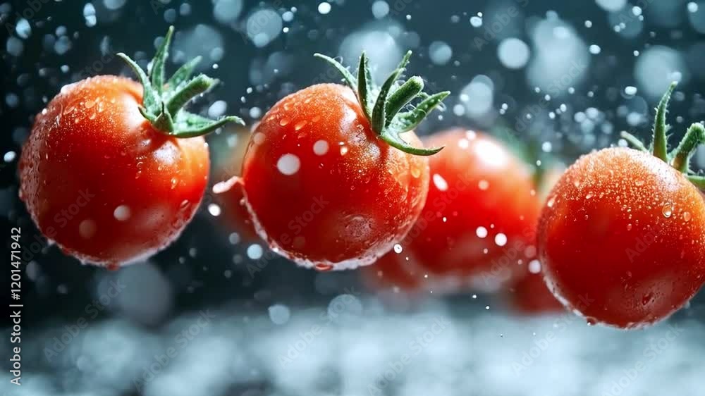 Aufkleber Red tomatoes hover in midair with water droplets exploding around them, creating a dynamic scene that highlights freshness. The background remains dark to enhance the visual impact of the tomatoes.