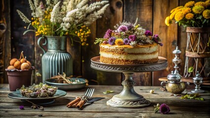Naklejka premium Rustic Crazy Cake on Vintage Cake Stand with Dried Flowers and Antique Cutlery - Stock Photo