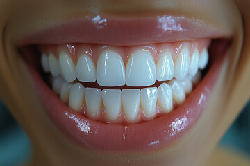 Close-up of a perfect smile showcasing healthy white teeth and glossy lips, promoting dental hygiene
