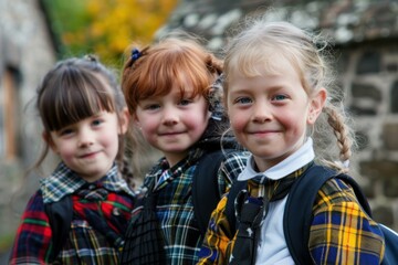 Fototapeta premium Three young schoolgirls wearing backpacks and plaid shirts are smiling outdoors near a stone building