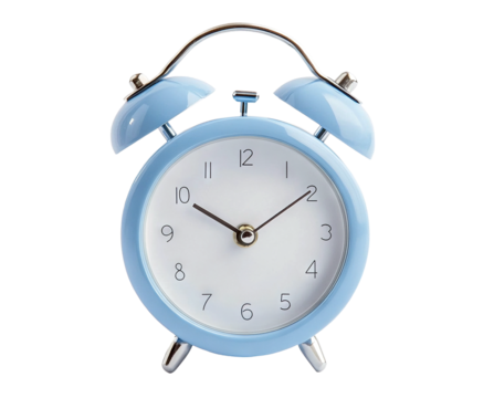 Blue retro-style metal alarm clock, isolated on transparent cutout background