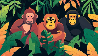 Cartoon Style Orangutan Spider Monkey and Gorilla in Jungle Setting