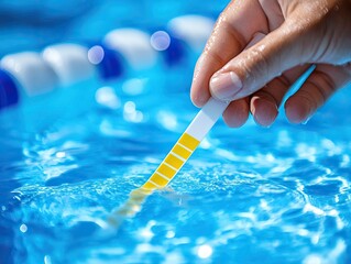 Close-up of a hand using a test strip to check pool water quality, measuring pH, chlorine, and algaecide levels in swimming pool.