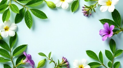 Naklejka premium Floral Frame with Lush Green Leaves and Delicate Blooms on a Pastel Background