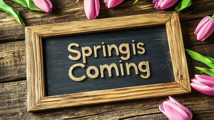 Spring arrival message on chalkboard with tulips
