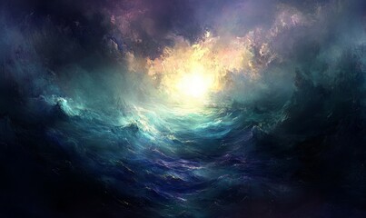 An unsettled ocean with choppy waves and strong currents illuminated by a bright light source, movement, waves, currents