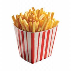 abstract 3d crispy French fries in striped container or red bucket isolated on white background