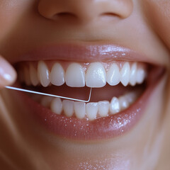 Fototapeta premium Woman flossing her teeth with close-up smile.