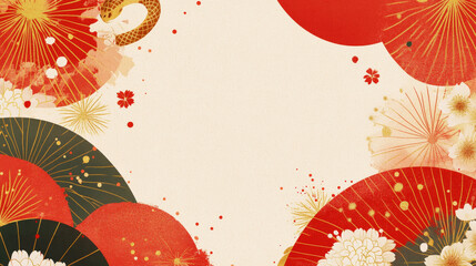 Elegant oriental red and gold template with snake, floral design, minimalist asian style greeting card. Generative AI