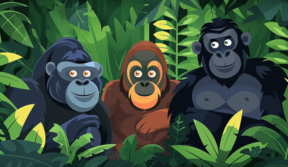 Cartoon Style Orangutan Spider Monkey and Gorilla in Jungle Setting