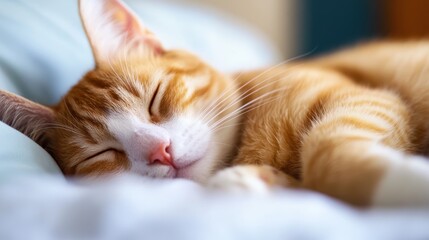 Cat in peaceful slumber, basking in soft light on a cozy bed