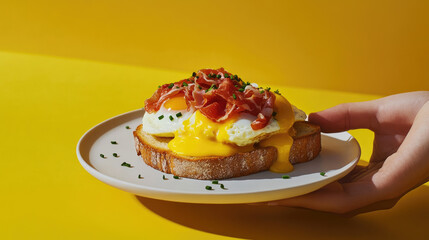 Breakfast, eggs benedict, eggs, fried eggs, bacon, cheese, junkie