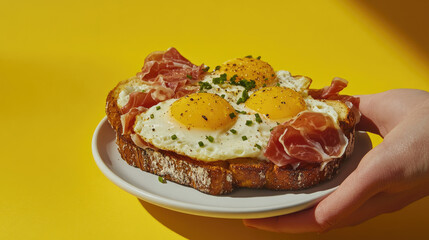 Breakfast, eggs benedict, eggs, fried eggs, bacon, cheese, junkie