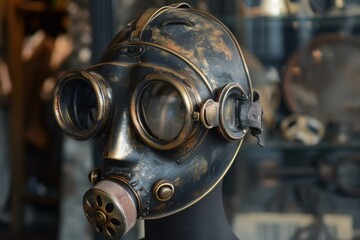 Steampunk style gas mask with brass accents and round lenses, displayed on a mannequin head in a shop or museum setting