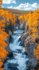 Vibrant autumn foliage surrounds a cascading waterfall flowing through a rocky gorge.