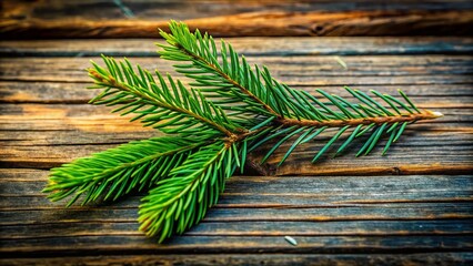 Naklejka premium Rustic Spruce Branch on Wooden Background - Winter Nature Stock Photo