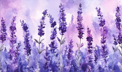 Fototapeta premium Beautiful watercolor purple violet lavender flower floral seamless pattern in a lush garden, floral, pattern, flower