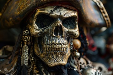 Obraz premium Golden skull with tricorn hat, feathers, and other pirate accessories, creating a dramatic and eerie representation of a pirate