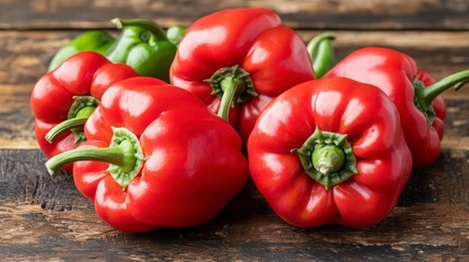 Fresh Red and Green Bell Peppers on Wooden Table