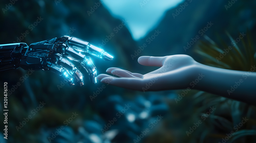 Canvas Prints a robot hand illuminated by soft blue light and a human hand in natural tones extending toward one a