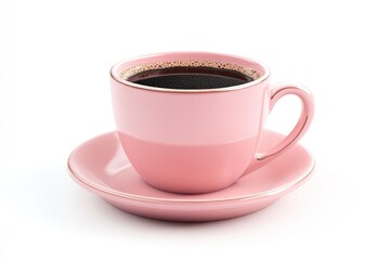 Obraz premium Pink coffee cup, black coffee, saucer, white background, breakfast.