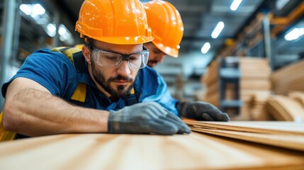 Workers prepare plywood sheets for flooring in an industrial setting
