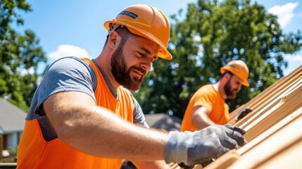 Workers expertly securing roof trusses under a bright blue sky