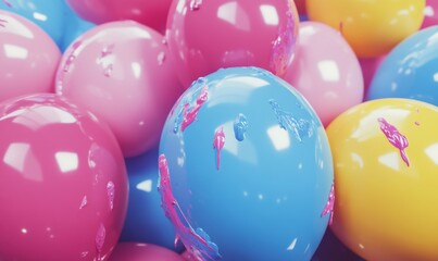 Bunch of colorful balloons with some of them having paint on them. The balloons are in various colors, including pink, blue, and yellow.