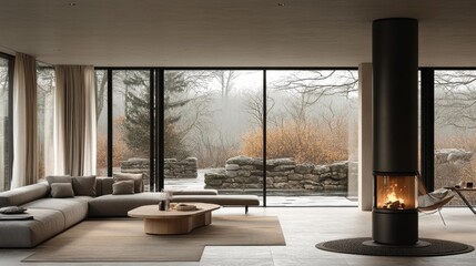 Fototapeta premium Cozy minimalist living room with stone garden view and modern design. Generative AI