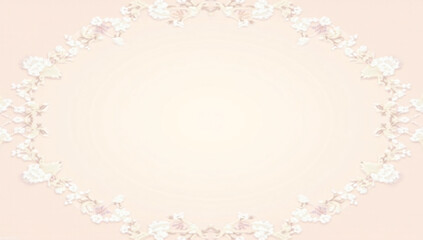 All around, a floral decorative pattern in white and pastel pink tones, symmetrical and harmonious, with a soft background in gradient colors between beige and light pink.