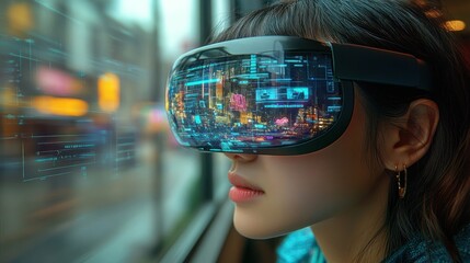 Woman using VR headset, viewing futuristic city.