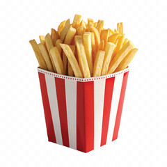 abstract 3d crispy French fries in striped container or red bucket isolated on white background