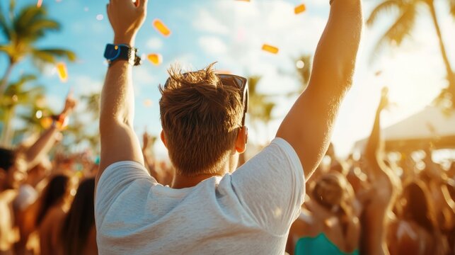 Vibrant beach bar vibes as young crowds dance to live DJ beats