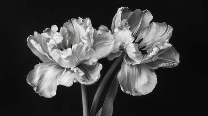Tulip, spring, black background, double-flowered, pink, frilled, colorful.