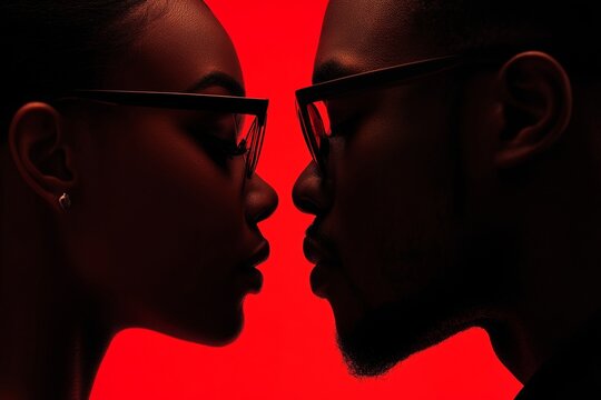 Symphonic movie poster  close up portrait of a black couple with glasses on red background