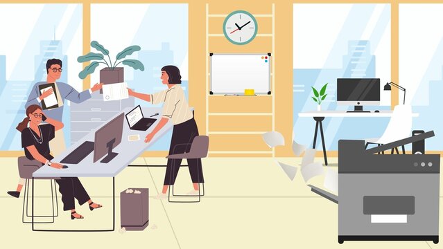A vibrant and dynamic illustration of a modern office environment featuring professionals engaged in various work tasks.