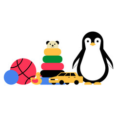 Toy Collection With Penguin And Blocks In Flat Vector Illustration Symbolizing Childhood, Play, And Creativity, Isolated On White Background.