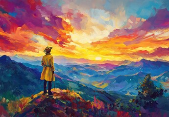 Solitary figure in yellow coat contemplates vibrant sunset over majestic mountain range.
