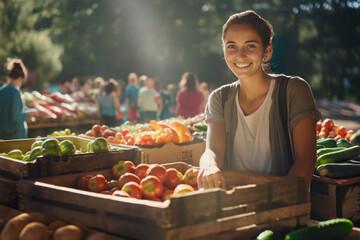 Woman choosing fresh organic fruits in local market. Picking right products. Using reusable bags. Routine grocery shopping. Healthy living