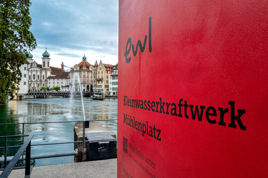 Luzern, Switzerland - July 7, 2024: EWL Kleinwasserwerk Muhlenplatz is a small hydroelectric power plant located in Luzern